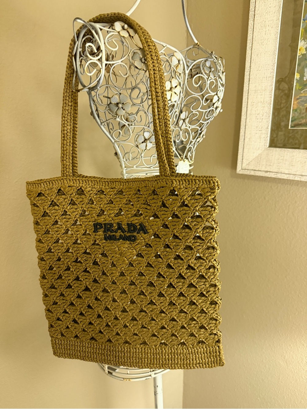 Authentic Prada Raffia Olive Green Crochet Tote Bag - Picture 7 of 16